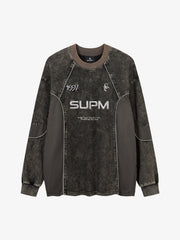 Embroidered Patchwork Distressed Washed Long Sleeve Tee