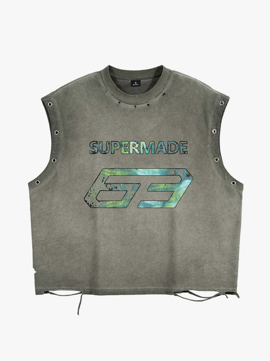 Cotton Sleeveless Crop Top with Distressed Design and Drawstring Hem - Supermade 63 Graphic Vest 