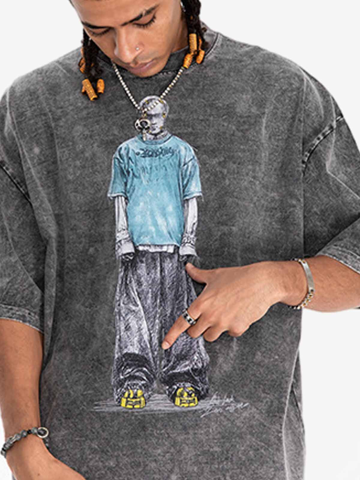 300G Jade Pattern Dyed Cotton Oversized T-Shirt with Skeleton Graphic Print Streetwear 
