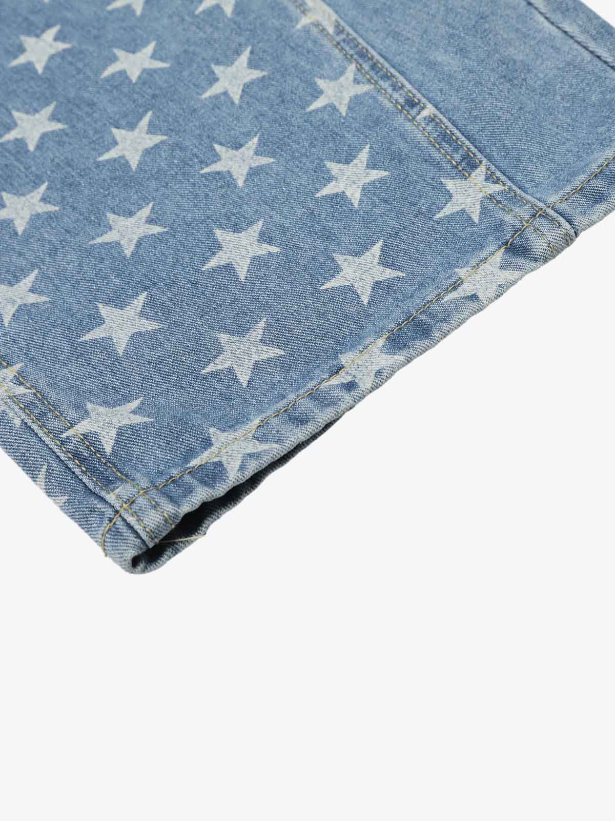 Denim Star-Print Wide-Leg Crop Pants with High Waist and Front Zipper Closure 