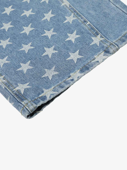 Denim Star-Print Wide-Leg Crop Pants with High Waist and Front Zipper Closure 
