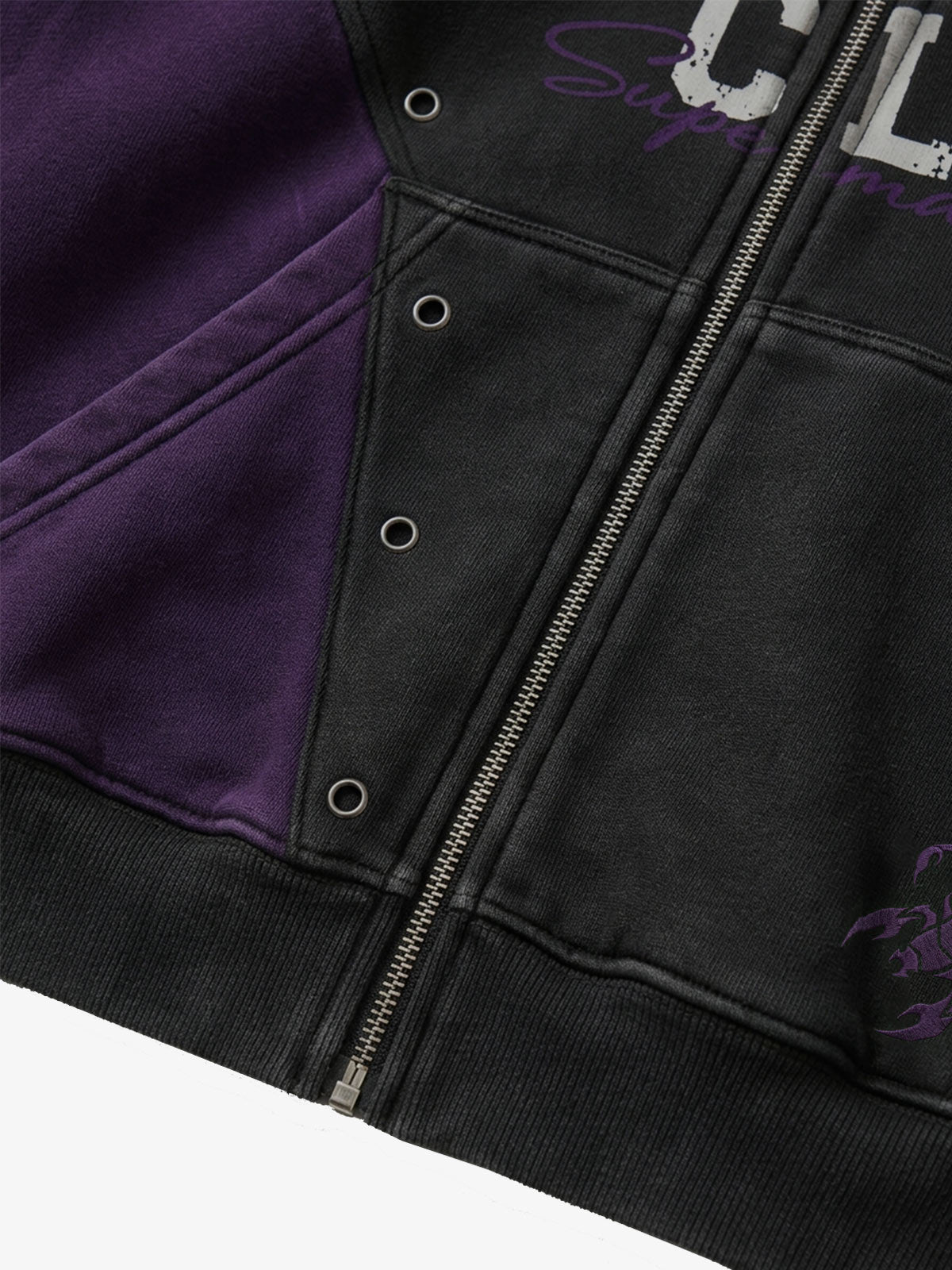 Contrast Panel Studded Zip-Up Hoodie