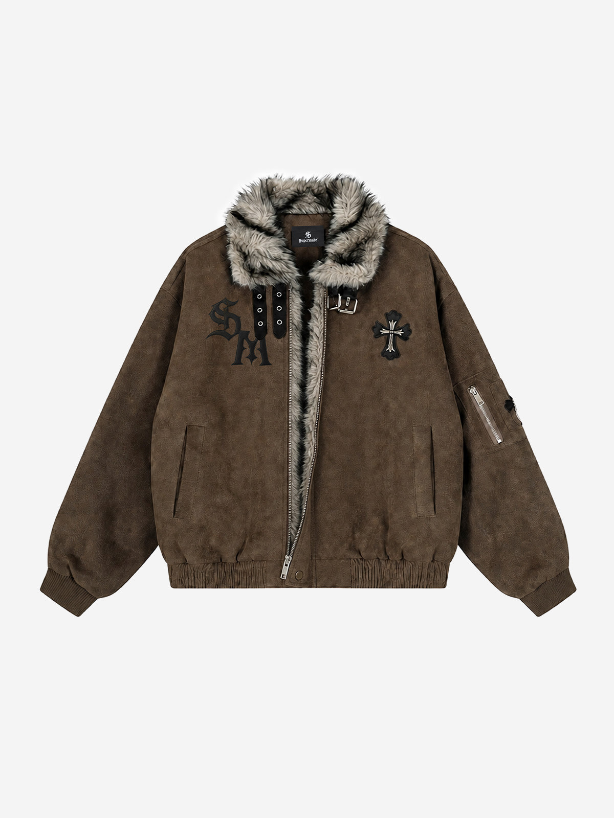Embroidered Faux-Fur Collar Oversized Distressed Bomber Jacket