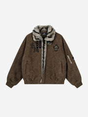 Embroidered Faux-Fur Collar Oversized Distressed Bomber Jacket