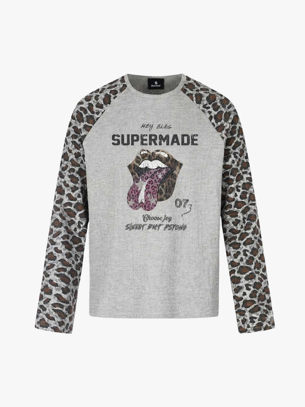 Lip Graphic Leopard Patchwork Waffle Long Sleeve Tee