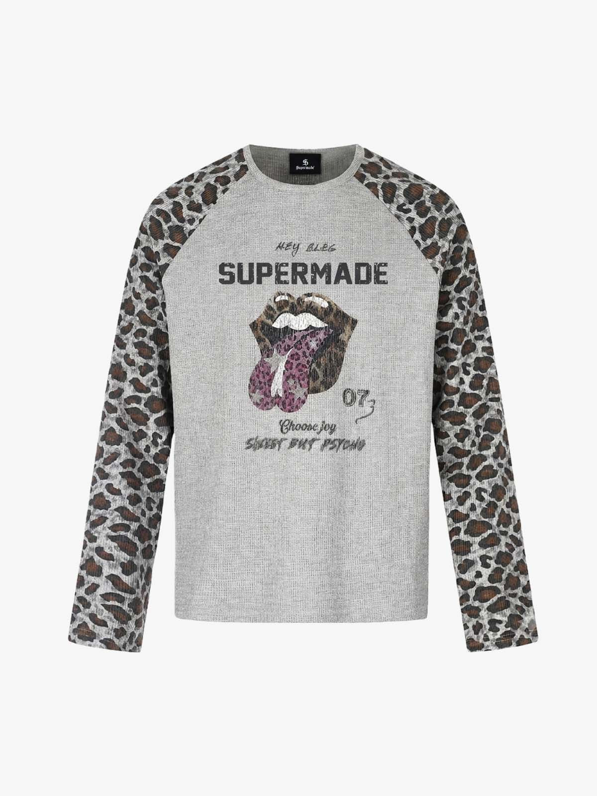 Lip Graphic Leopard Patchwork Waffle Long Sleeve Tee