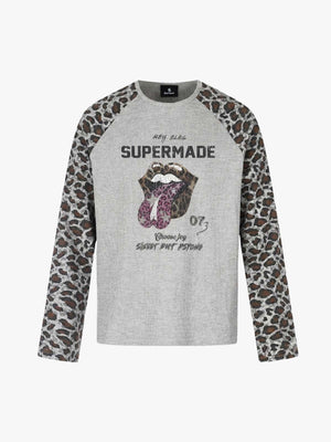 Lip Graphic Leopard Patchwork Waffle Long Sleeve Tee