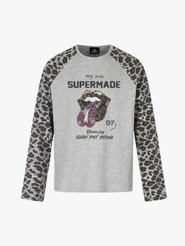 Lip Graphic Leopard Patchwork Waffle Long Sleeve Tee