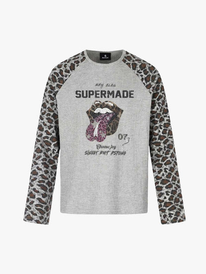 Lip Graphic Leopard Patchwork Waffle Long Sleeve Tee