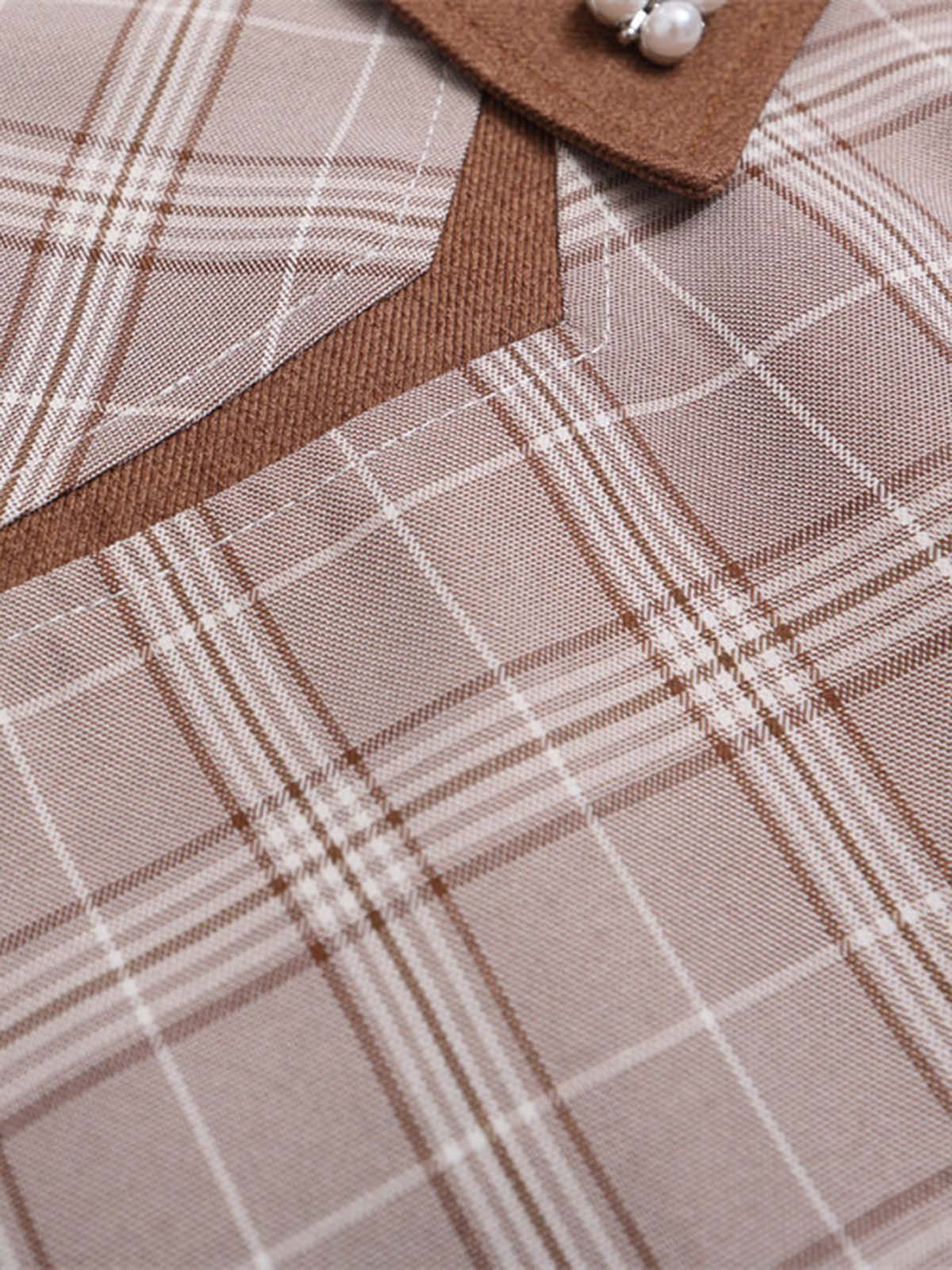 Faux Two-piece Pearl Button Plaid Short-sleeved Shirt 