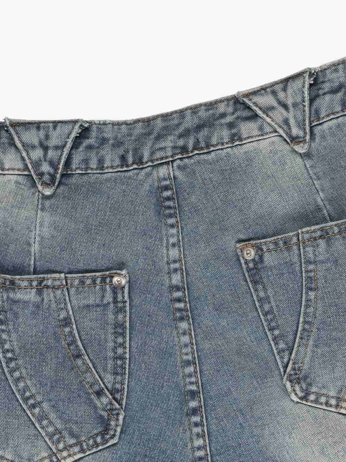 Retro Patchwork Frayed-Edge Heavy-Duty Jeans 