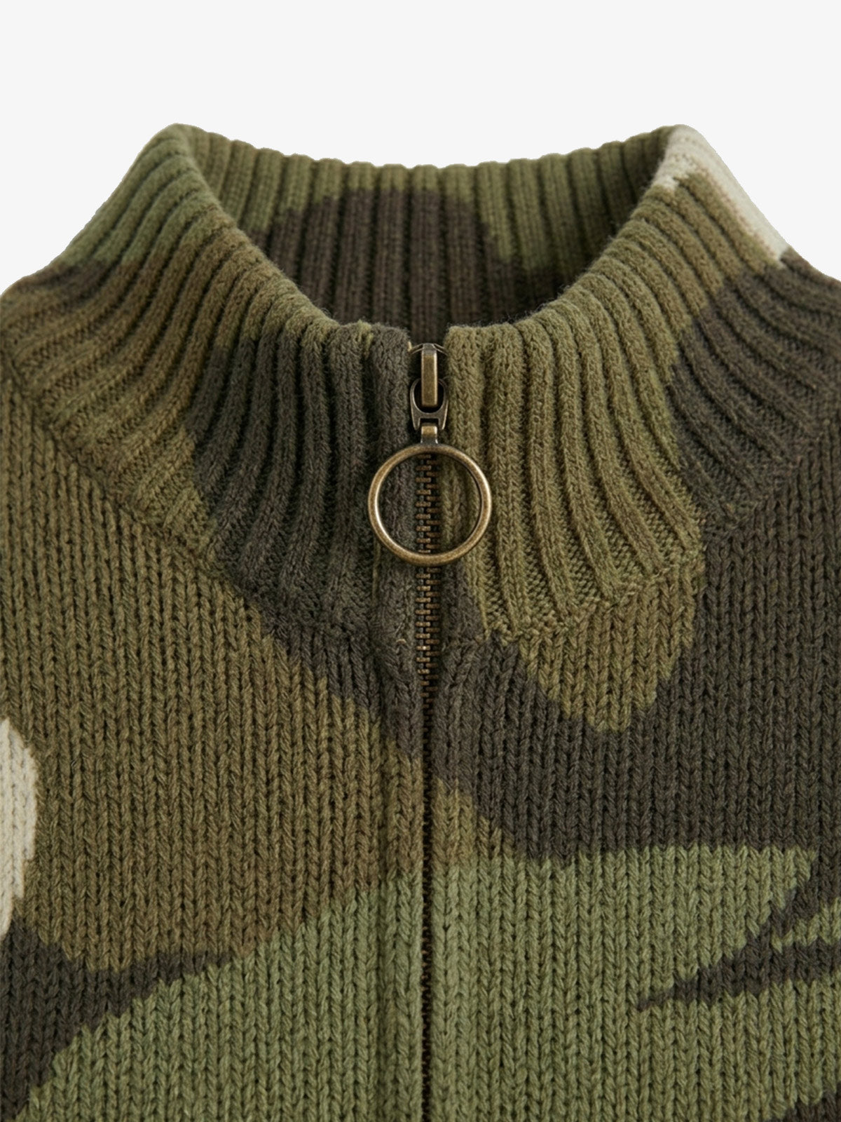 Camo Pattern Jacquard Knit Full-Zip Stand Collar Sweater