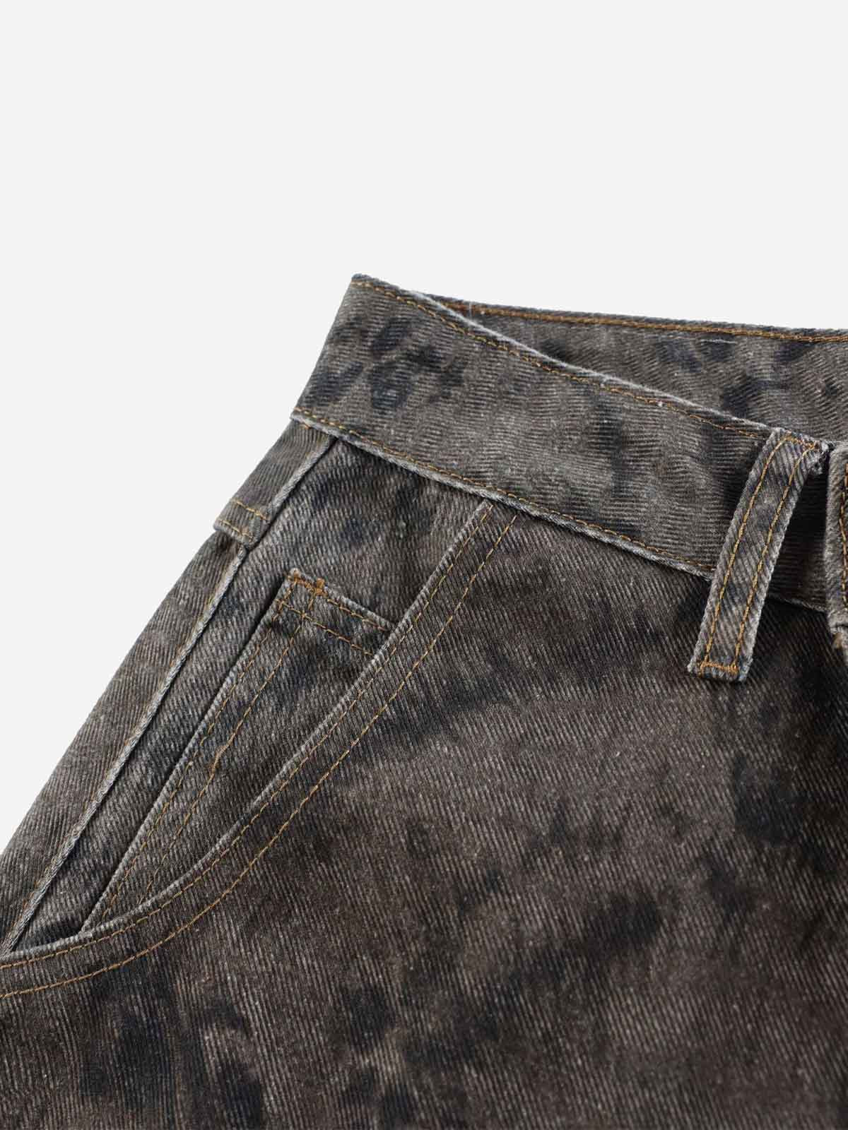 Leopard Patchwork Double-Button Curved-Leg Jeans