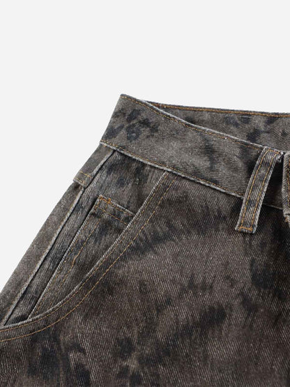 Leopard Patchwork Double-Button Curved-Leg Jeans