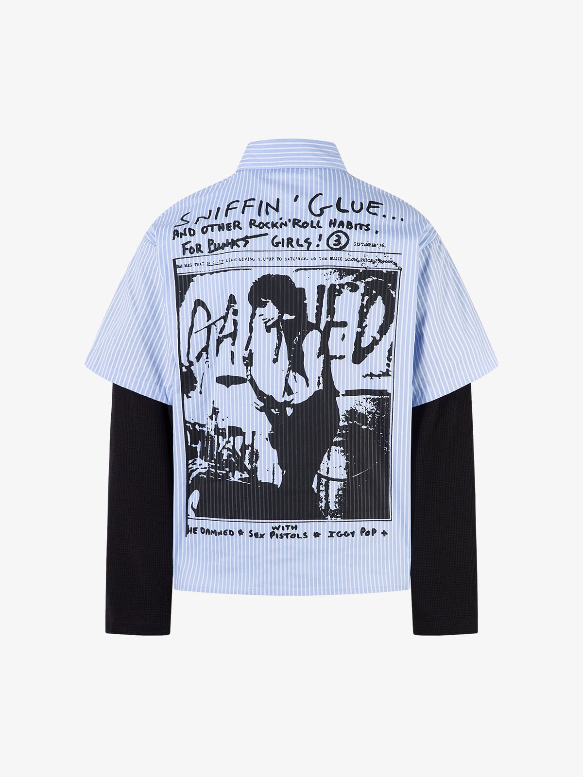 Striped Short-Sleeve Shirt with Graphic Print and Layered Sleeves 