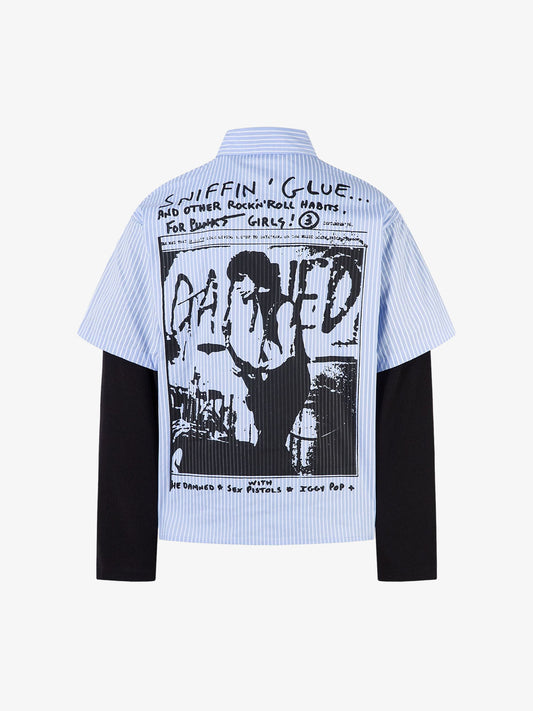 Striped Short-Sleeve Shirt with Graphic Print and Layered Sleeves 