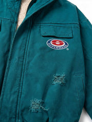 Embroidered Badge Distressed Fleece-Lined Teal Bomber Coat
