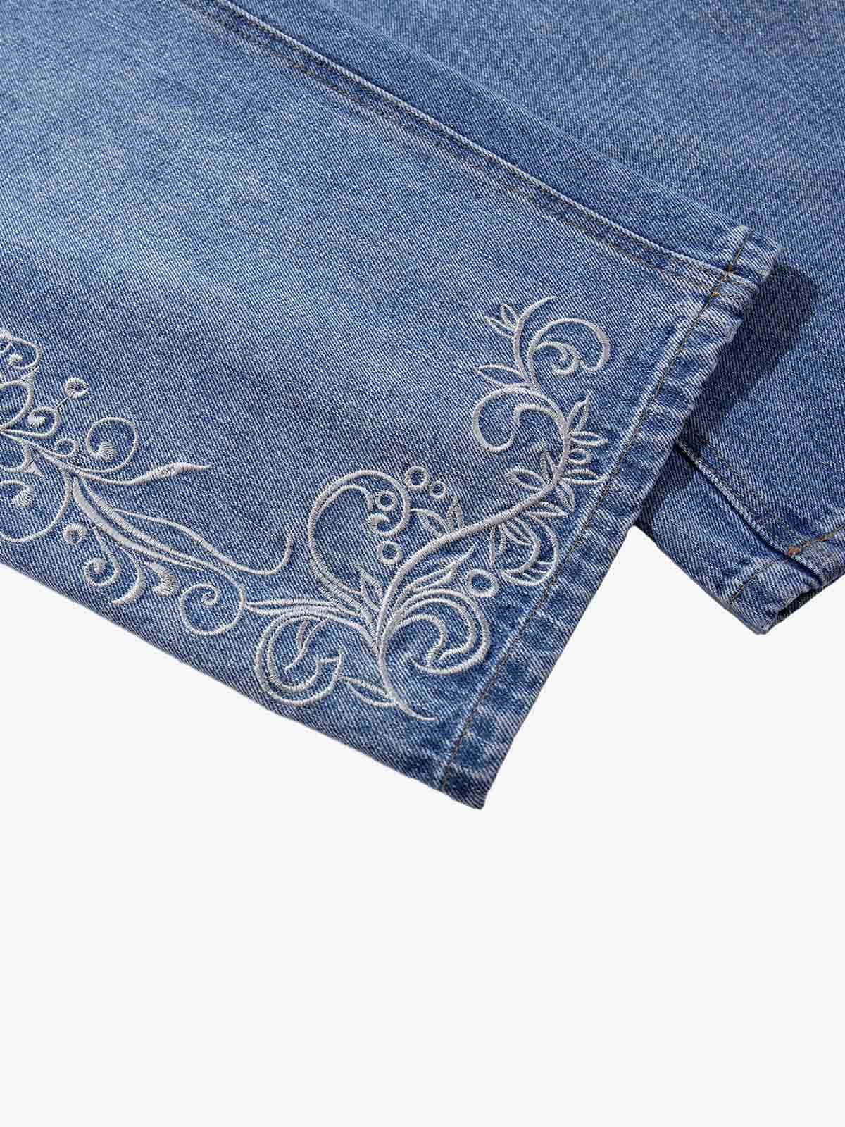 Ribbed Folded Waist Floral Embroidery Baggy Barrel Jeans