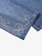 Ribbed Folded Waist Floral Embroidery Baggy Barrel Jeans