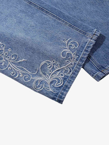 Ribbed Folded Waist Floral Embroidery Baggy Barrel Jeans
