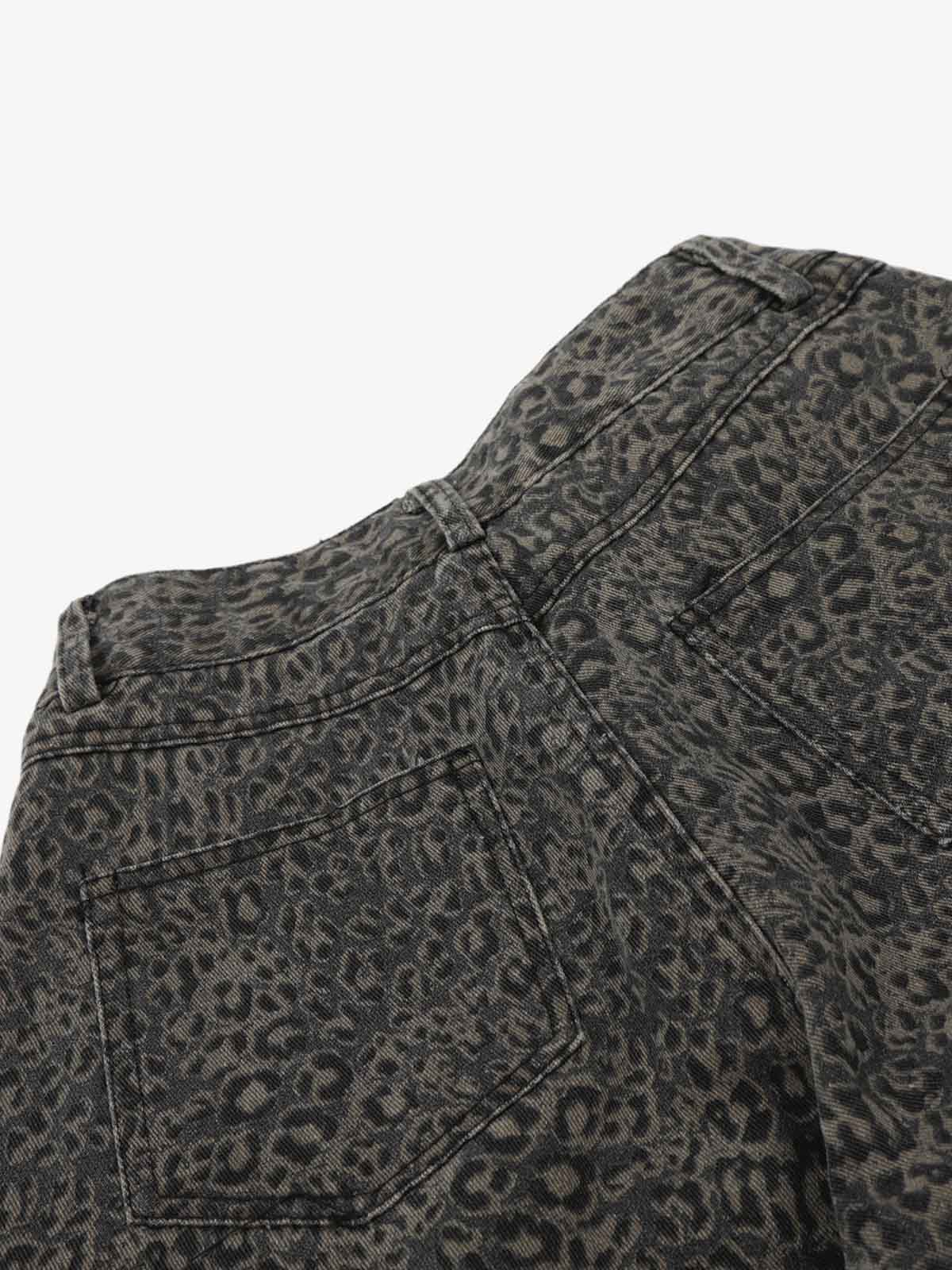 Cotton Leopard Print High-Waisted Wide-Leg Pants with Pleated Design and Decorative Tassel 