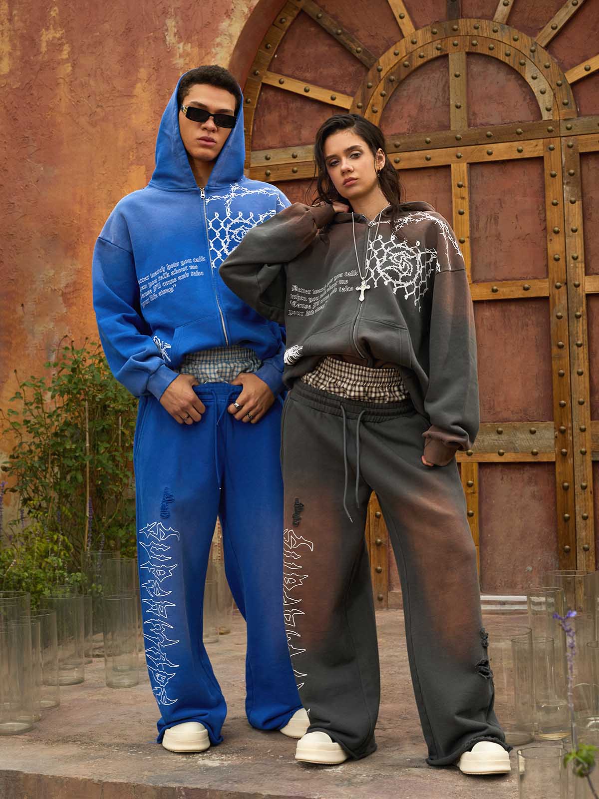 Supermade Vintage Distressed Print Patchwork Sweatshirt Set 