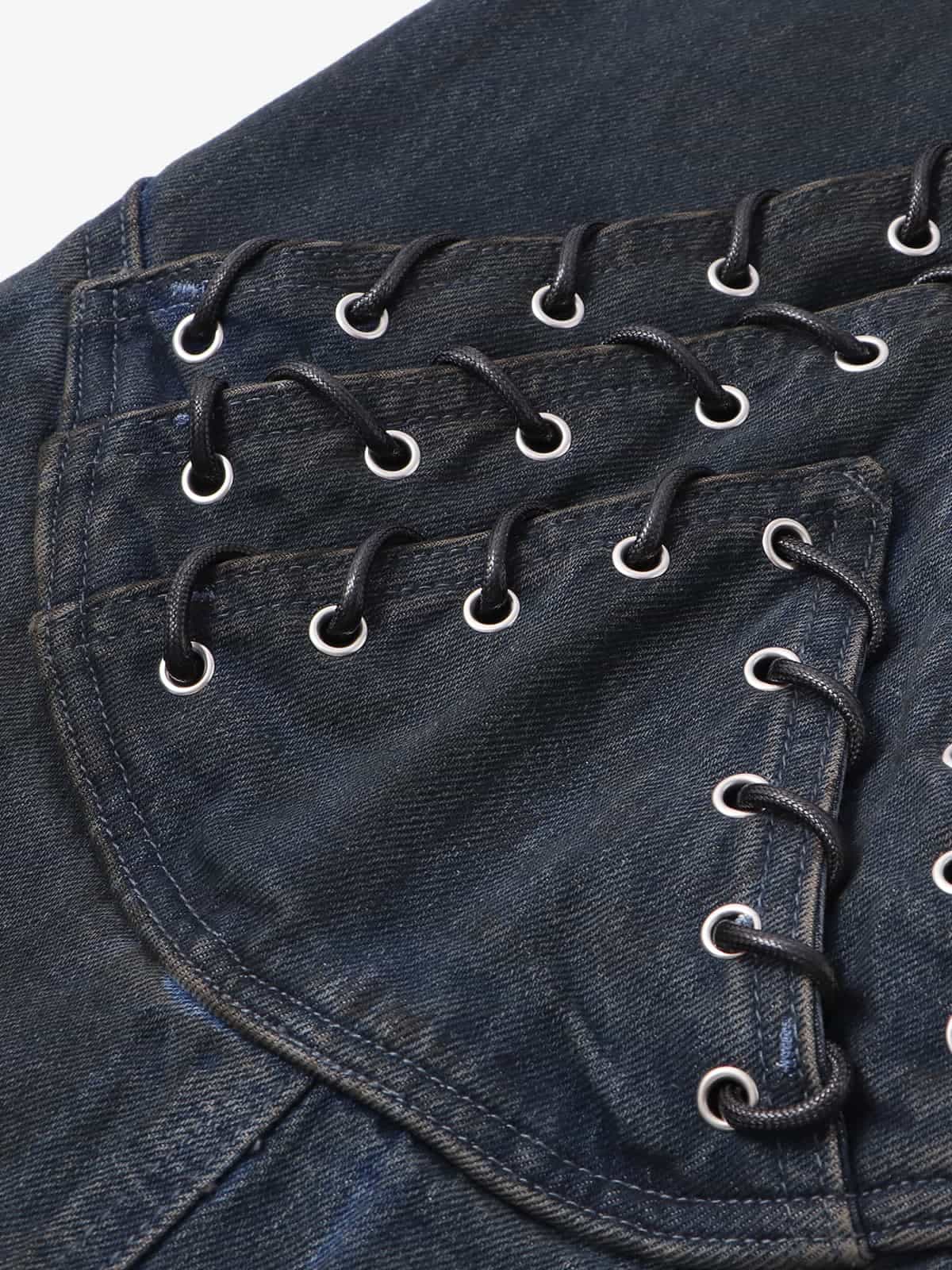 Retro Distressed Studded Heavy-Duty Functional Jeans 