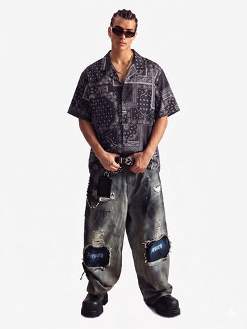 Vintage Bandana Patchwork Camp Collar Boxy Shirt 