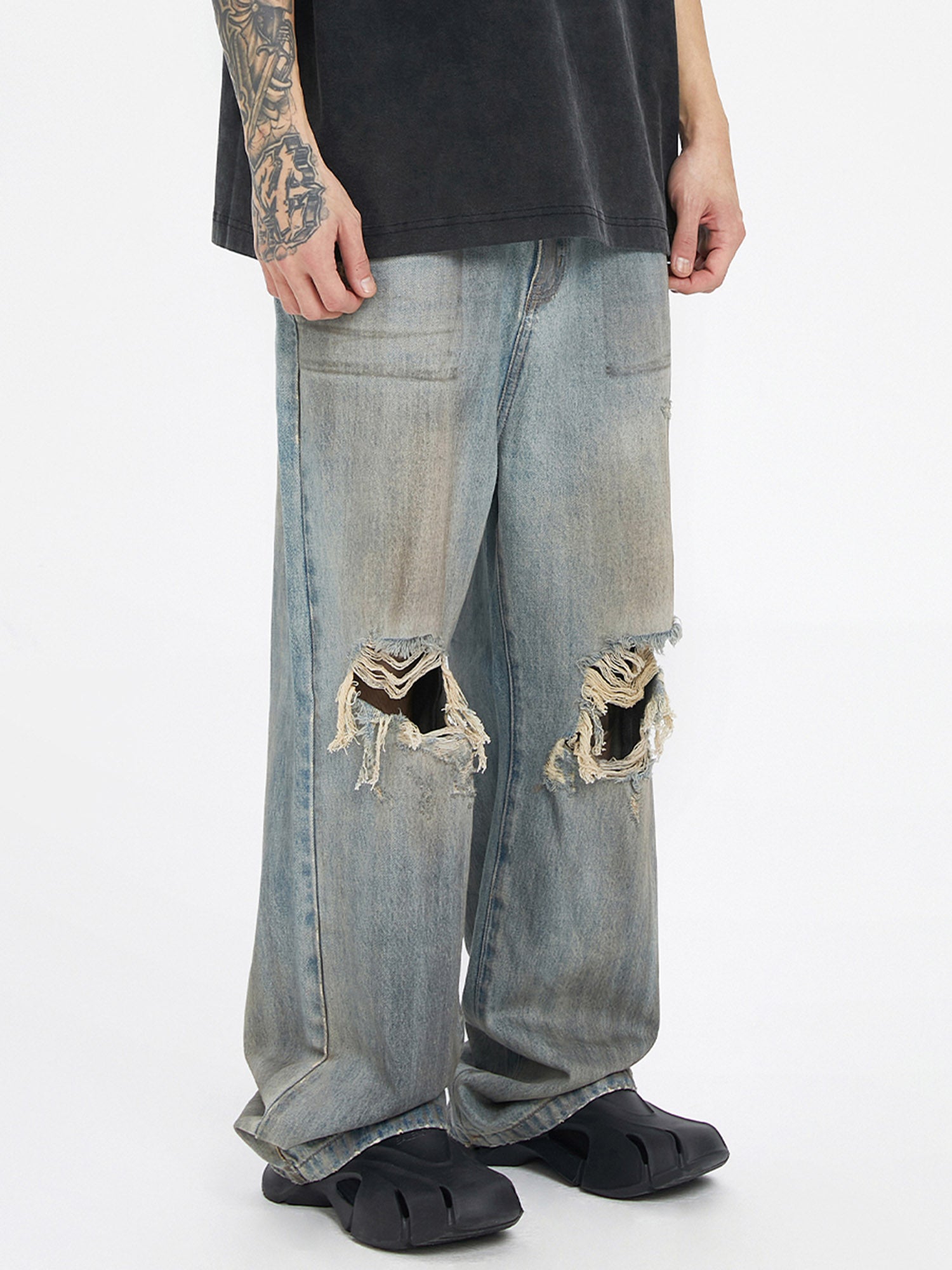 Street Retro Washed And Distressed Hip Hop Straight Jeans