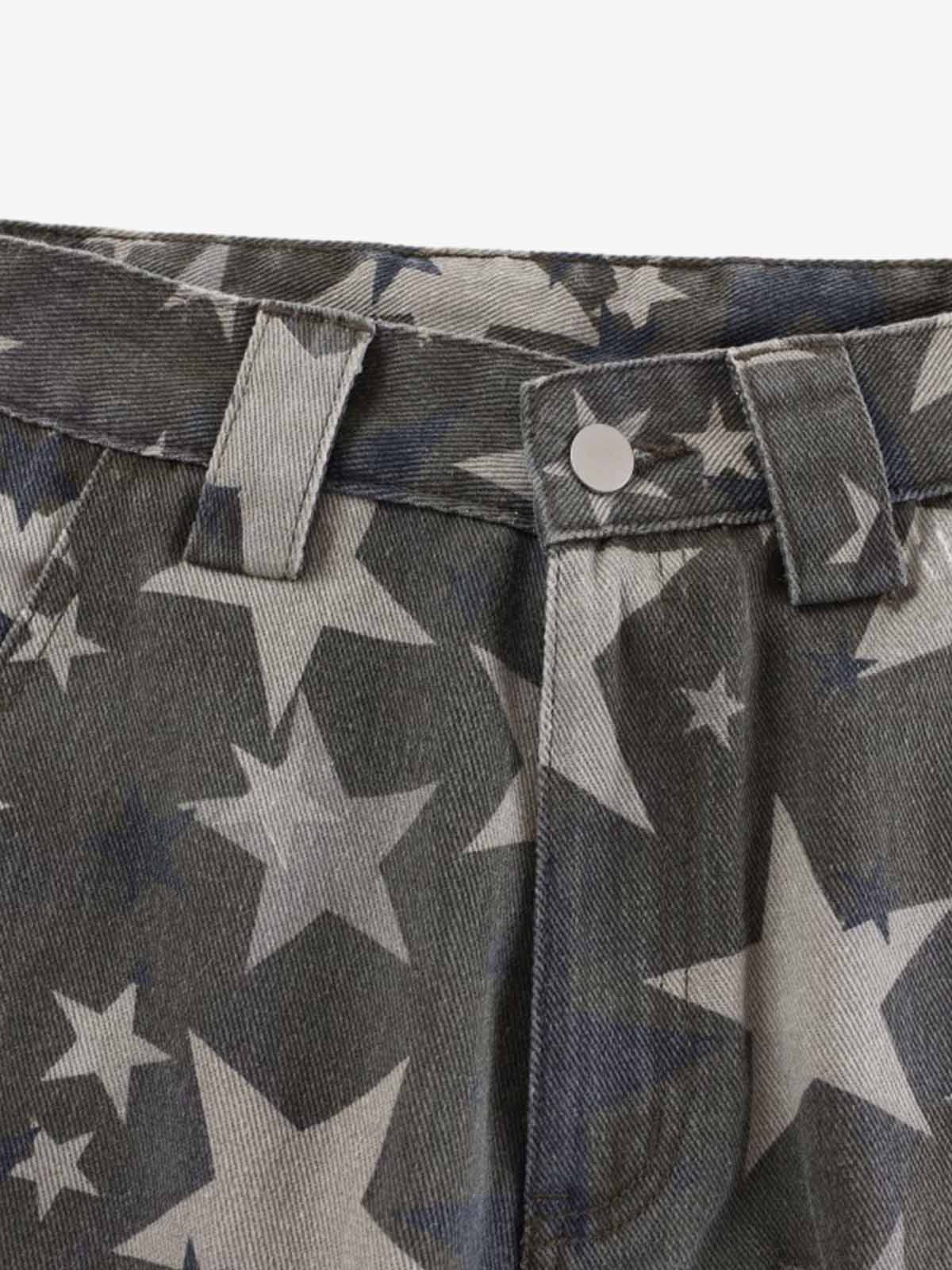 Denim Star Print Wide Leg Pants with Elastic Cuff for Casual Streetwear 