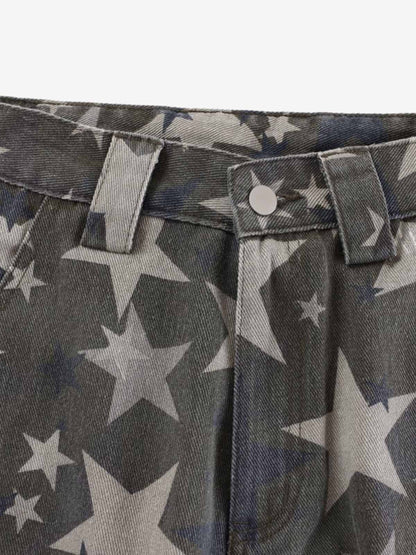 Denim Star Print Wide Leg Pants with Elastic Cuff for Casual Streetwear 