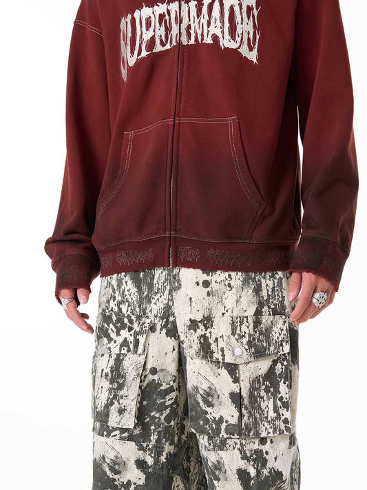 SUPERMADE Embroidered Distressed Spray-Painted Hooded Sweatshirt 