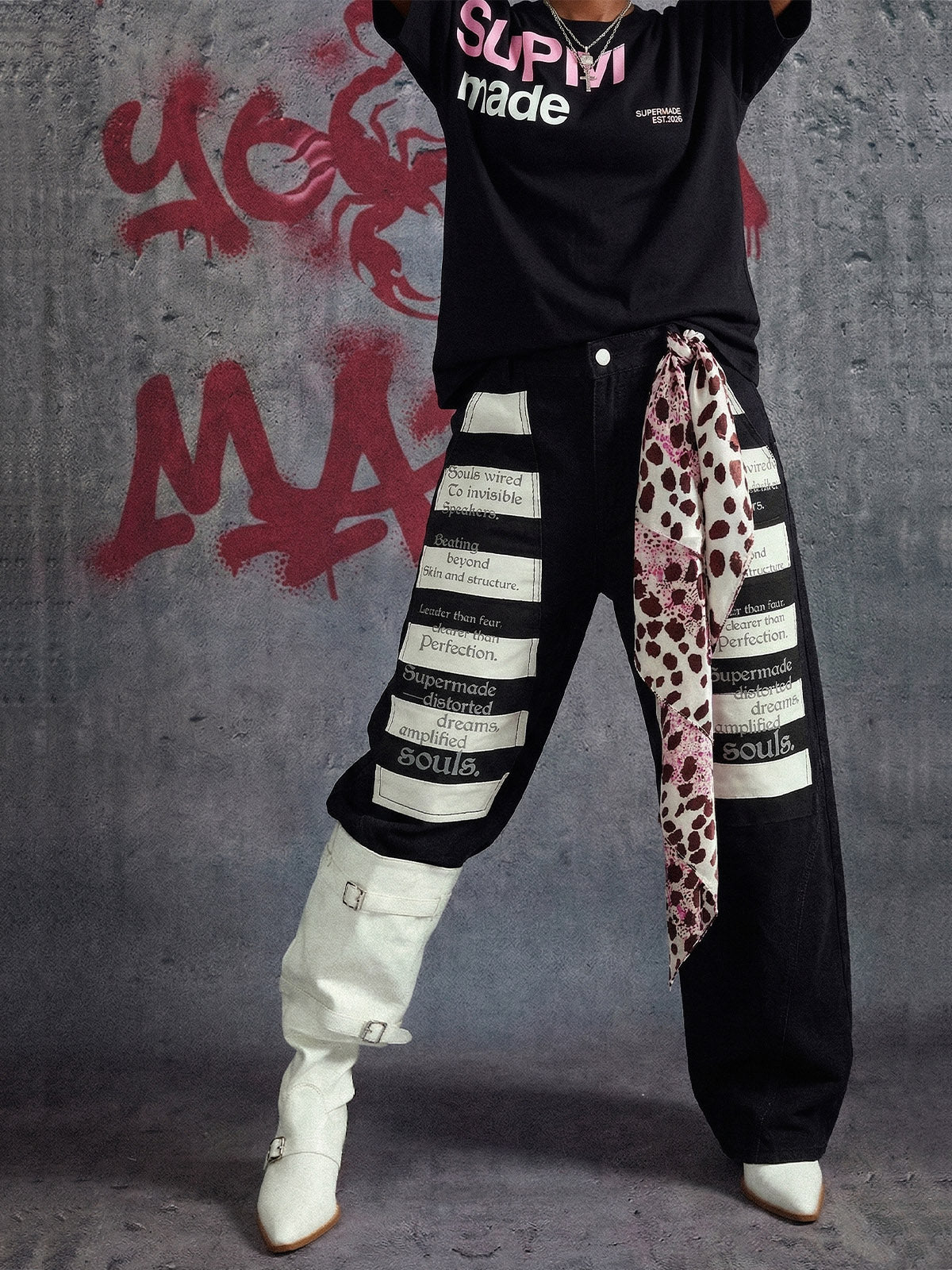 Wide Leg Striped Patchwork Letter Print Pants