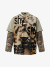 Grunge Graphic Fake Layer Camo Sleeve T-Shirt 
