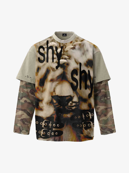 Grunge Graphic Fake Layer Camo Sleeve T-Shirt 