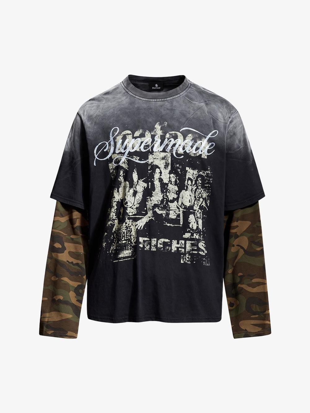 Character Graphic Spray-Dyed Distressed Layered Long Sleeve Top