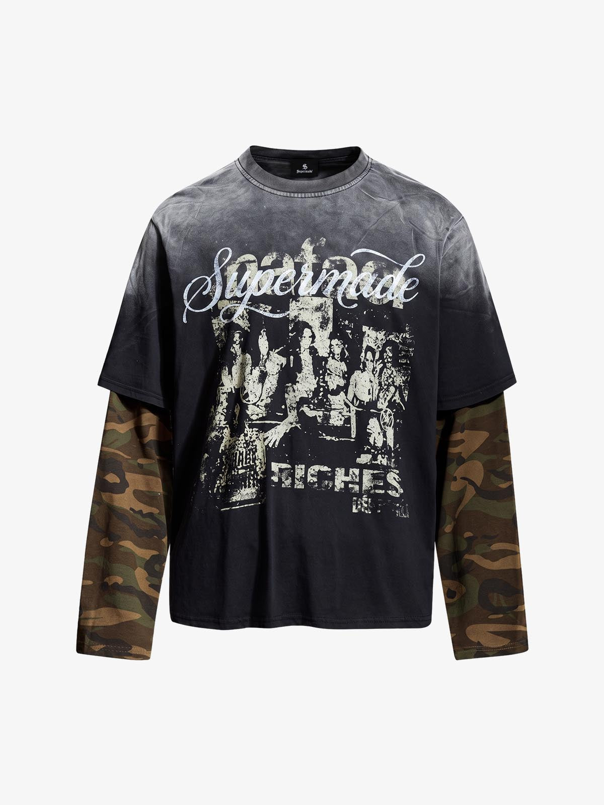 Character Graphic Spray-Dyed Distressed Layered Long Sleeve Top