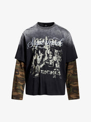 Character Graphic Spray-Dyed Distressed Layered Long Sleeve Top