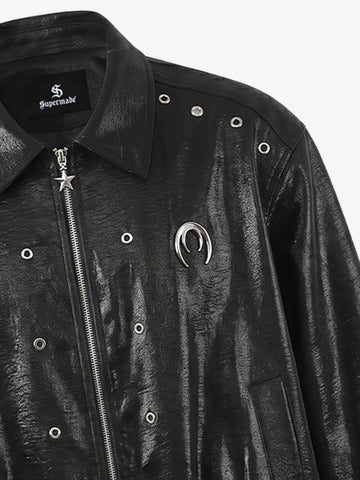 Studded Embroidered Double-Zip Cropped Biker Jacket