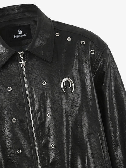 Studded Embroidered Double-Zip Cropped Biker Jacket