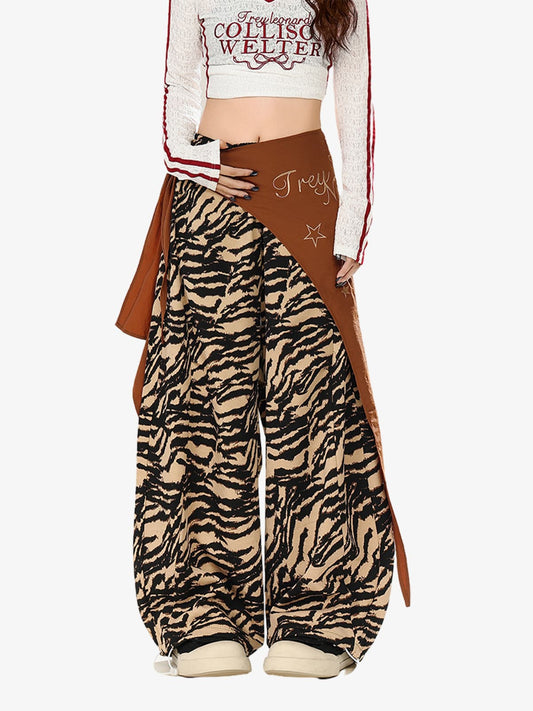 Retro Zebra Print Asymmetric Draped Patchwork Barrel Pants 