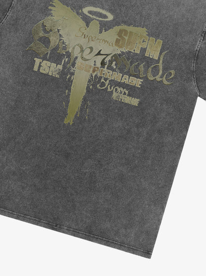 THE SUPERMADE Distressed Graphic Print Oversized T-Shirt with Bold Typography Design 
