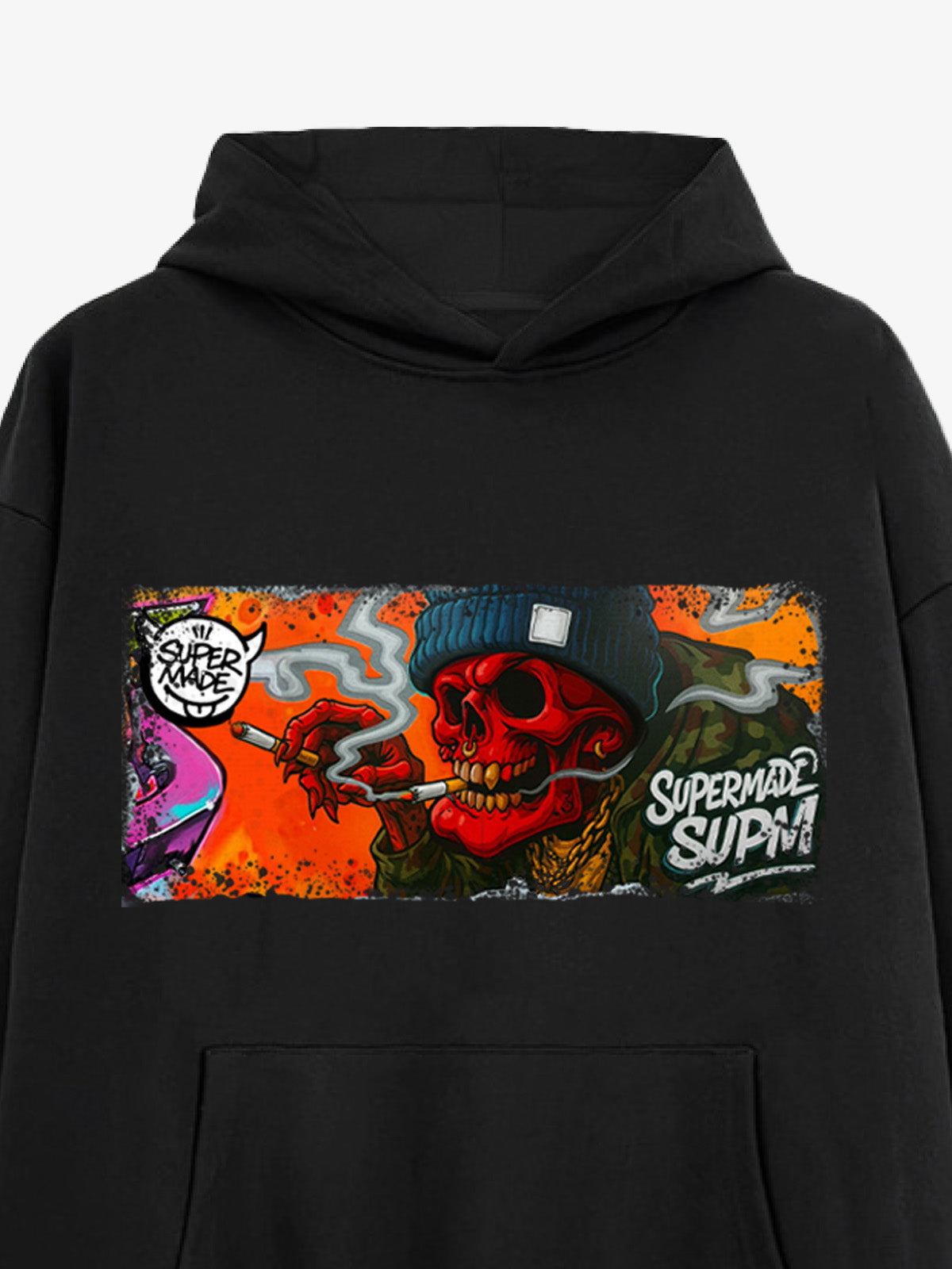 Thesupermade Distressed Blood-red Skull Graffiti Hooded Sweatshirt 
