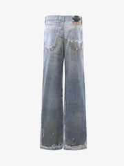 Vintage Distressed Print Wide Leg Jeans 