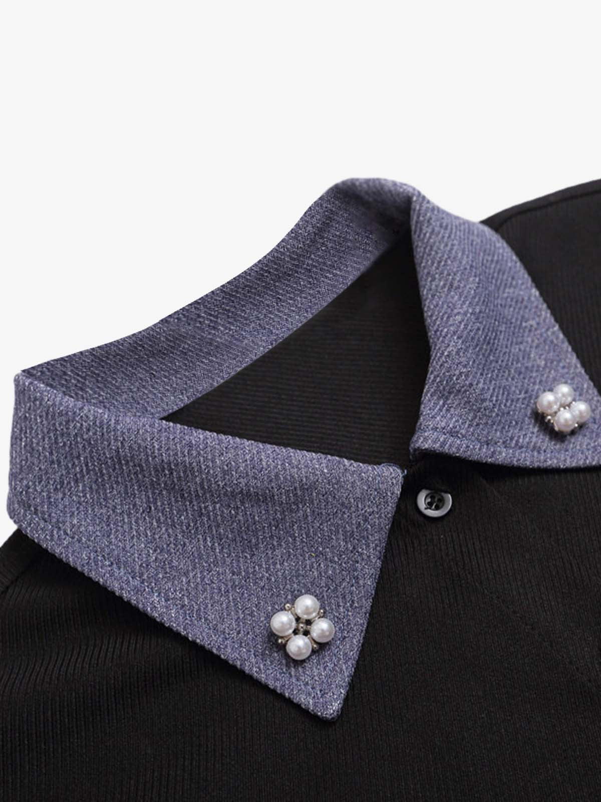 Fake Two-piece Stitching Lapel Pearl Button Shirt 