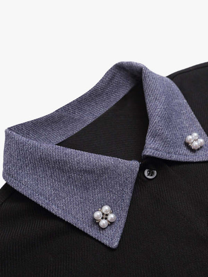 Fake Two-piece Stitching Lapel Pearl Button Shirt 