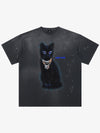 Cotton Black Cat Graphic T-Shirt with Chain Print and Splatter Design 