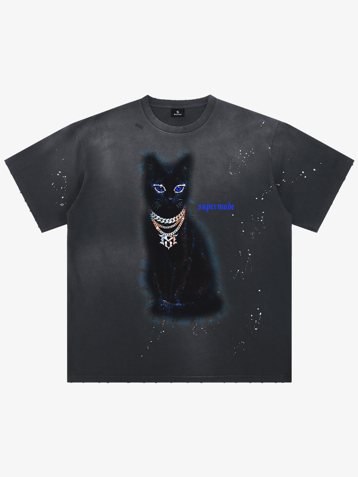 Cotton Black Cat Graphic T-Shirt with Chain Print and Splatter Design 