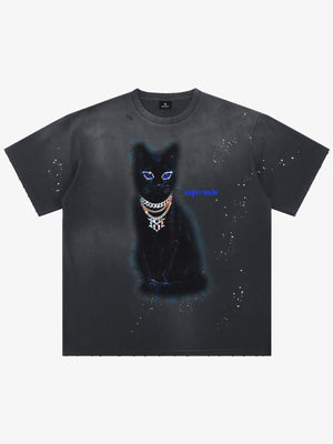 Cotton Black Cat Graphic T-Shirt with Chain Print and Splatter Design 