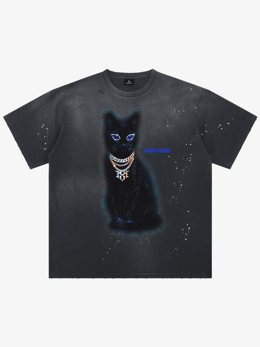 Cotton Black Cat Graphic T-Shirt with Chain Print and Splatter Design 